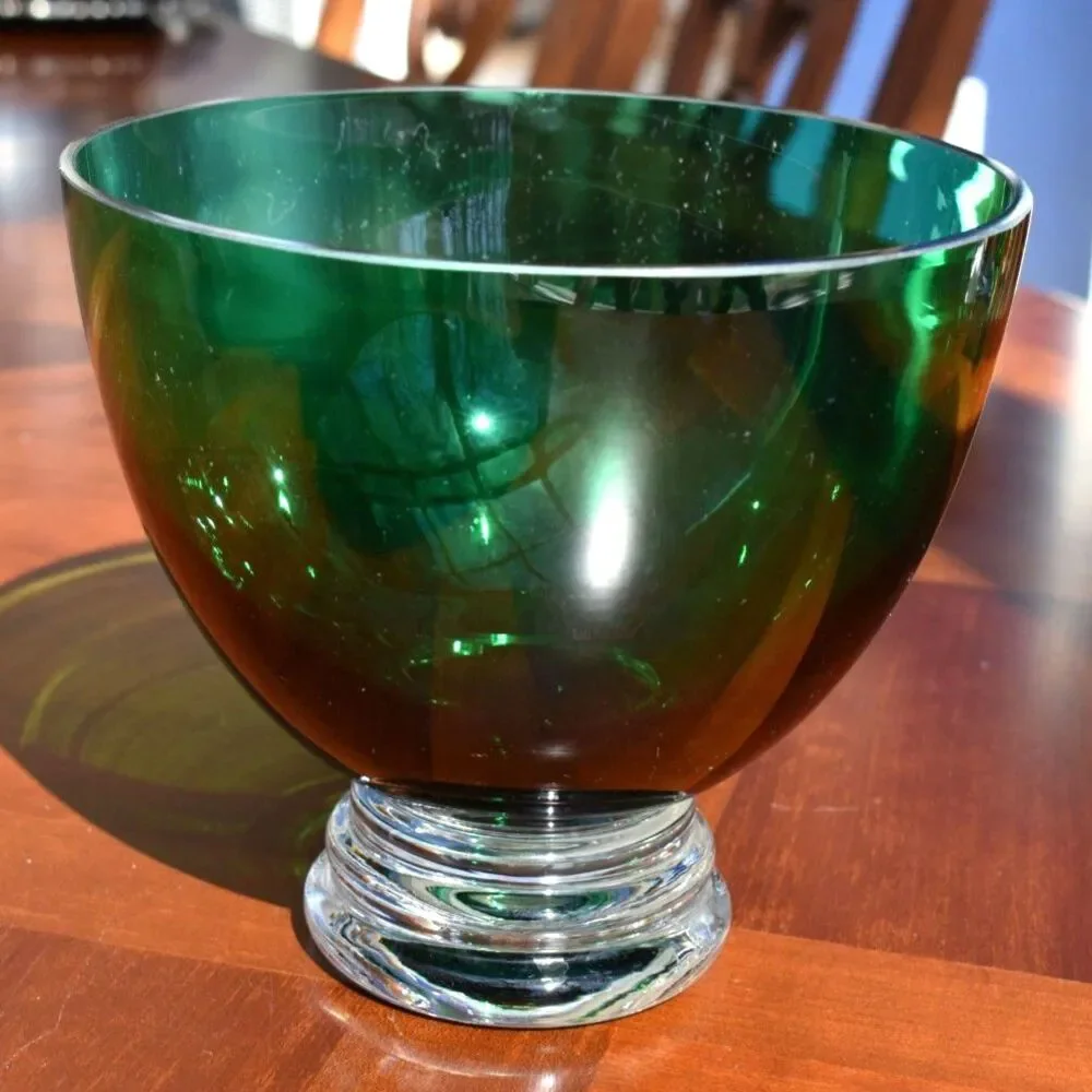 Vintage MCM Emerald Green Art Glass Centerpiece Bowl Clear Crystal Footed Base